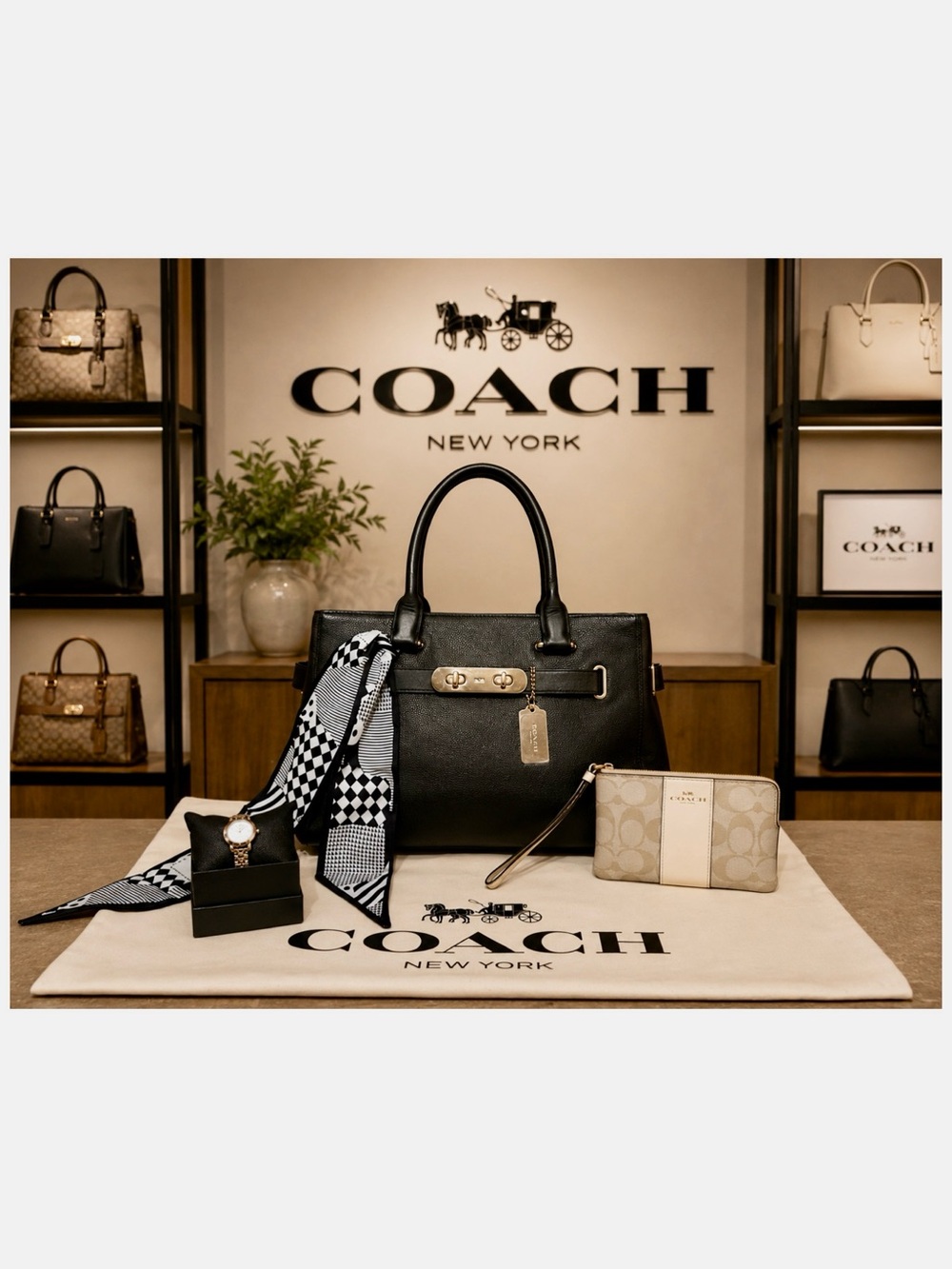 Coach. 5 Piece Set: Swagger Carryall & Free Watch, Wristlet, Scarf & Dust Bag.